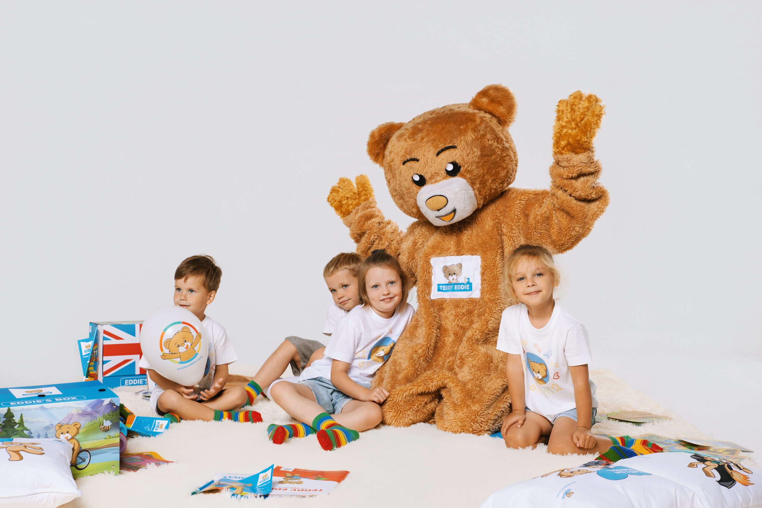 Children with Eddie the Teddy Bear during a Teddy Eddie® English class at Braníček Language School, Prague 4.